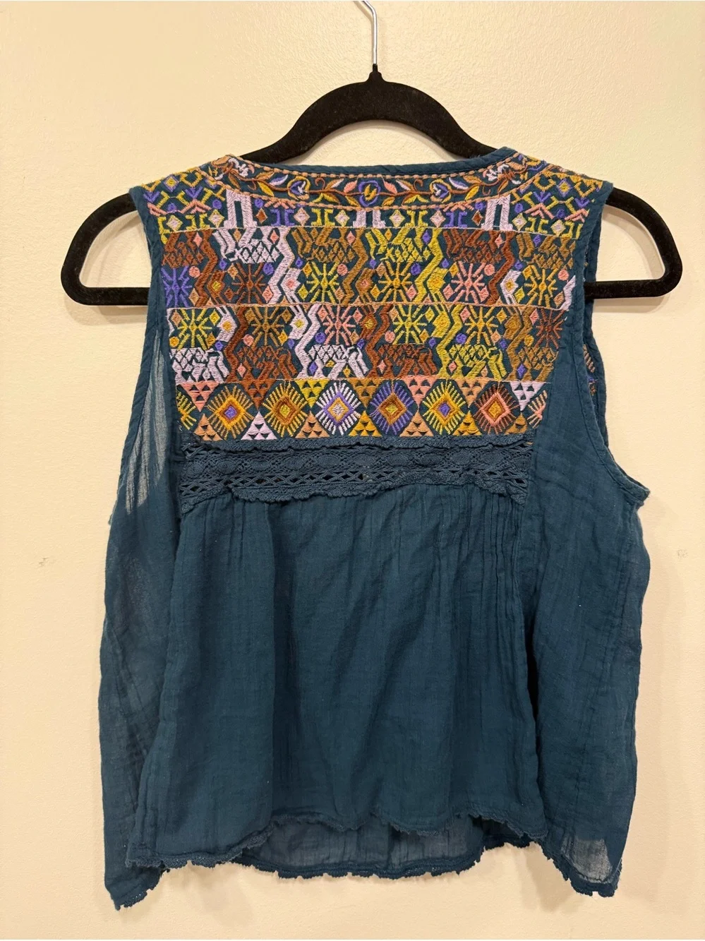 Free People Lohri 100% Cotton‎ Embroidered Teal Sleeveless Top with Tassel Tie